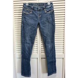 L.A. Idol Low Rise Skinny Jeans Rhinestones Embroidery Size 9 Med Wash Stitching